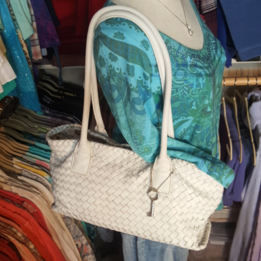 FOSSIL Woven White Leather Shoulder Bag Purse 7508